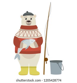 Fisherman polar bear. Cartoon animal character. Vector illustration.
