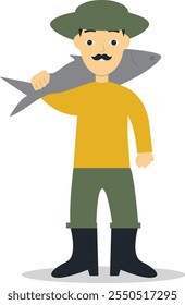 Caráter de profissão de pescador com conceito de desenho animado plano. Ilustração de vetor no plano de fundo branco