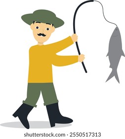 Caráter de profissão de pescador com conceito de desenho animado plano. Ilustração de vetor no plano de fundo branco