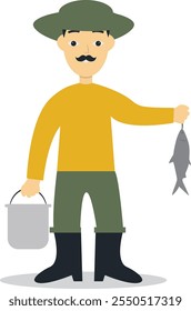 Caráter de profissão de pescador com conceito de desenho animado plano. Ilustração de vetor no plano de fundo branco