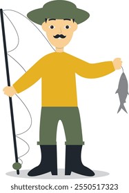 Caráter de profissão de pescador com conceito de desenho animado plano. Ilustração de vetor no plano de fundo branco