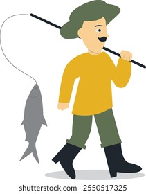 Caráter de profissão de pescador com conceito de desenho animado plano. Ilustração de vetor no plano de fundo branco