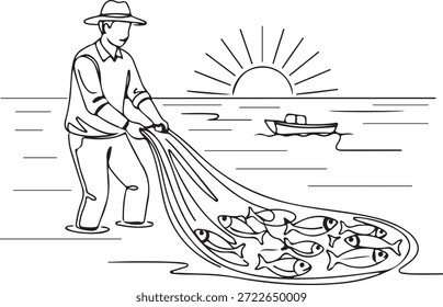 Pescador tirando de la red de pesca con la captura al atardecer - ilustración del arte de la línea del pescador que cosecha el pescado del agua con el barco en el fondo