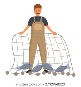 Fisherman pulling fishing net full of fish out of the water