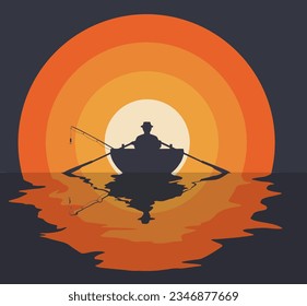 A fisherman pulls on his oars to row a boat with the setting sun in the background. This is a graphic design sunset with ripples in the water.