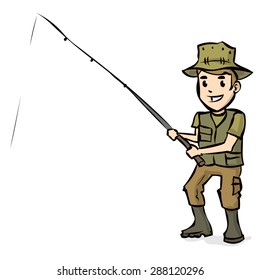 Fisherman pulls out fish. Hand drawn vector illustration. Isolated on white.