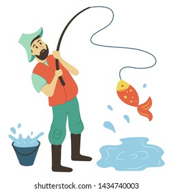 Fisherman pulls out pike from pond, holding fishing-rod with fish. Portrait and full length view of man catching, fishing hobby, pail with water vector