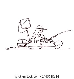 The fisherman quickly swims on an inflatable boat with a motor. Hand drawn cartoon vector illustration