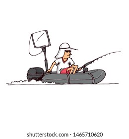 The fisherman quickly swims on an inflatable boat with a motor. Hand drawn cartoon vector illustration