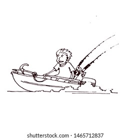 The fisherman quickly swims on an inflatable boat with a motor. Hand drawn cartoon vector illustration