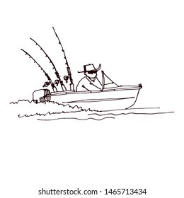 The fisherman quickly swims on an inflatable boat with a motor. Hand drawn cartoon vector illustration