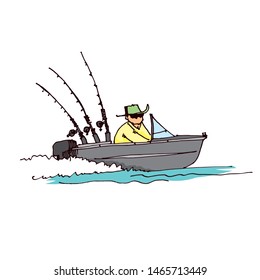 The fisherman quickly swims on an inflatable boat with a motor. Hand drawn cartoon vector illustration