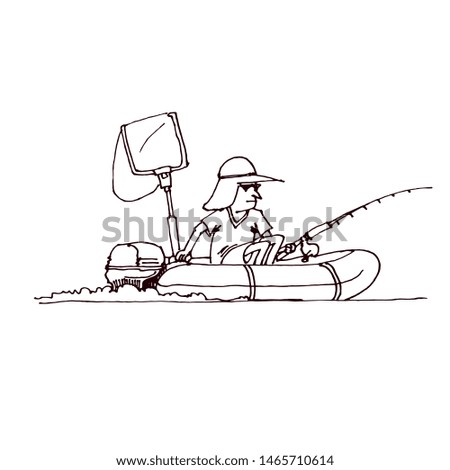 The fisherman quickly swims on an inflatable boat with a motor. Hand drawn cartoon vector illustration