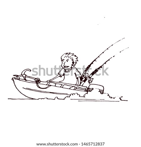 The fisherman quickly swims on an inflatable boat with a motor. Hand drawn cartoon vector illustration