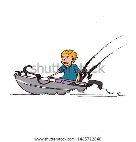 The fisherman quickly swims on an inflatable boat with a motor. Hand drawn cartoon vector illustration