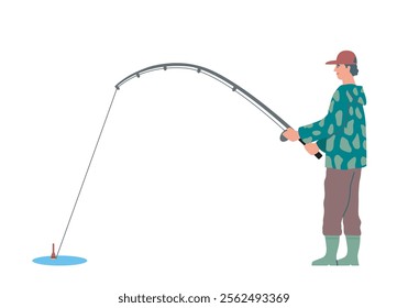 Fisherman in a rain jacket and boots holding a bent fishing rod. Outdoor activity, fishing hobby, and nature scene concept. Flat cartoon vector illustration isolated on white background