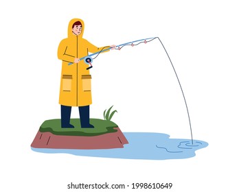 Fisherman in raincoat fishing from river bank with fish rod, cartoon vector illustration isolated on white background. Man catching fish in river or lake.