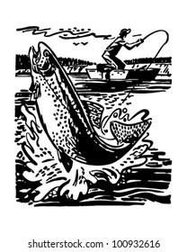 Fisherman Reeling In Trout - Ilustración Retro Clipart