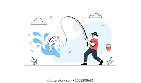 Fisherman Reels in a Large Catch on a Sunny Day Enjoying Outdoor Recreation and Leisure Time