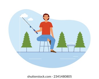 A fisherman is relaxing catching in a river with a view of trees and buckets, doing his hobby activity on a weekend during the day. Character design. Vector data illustration