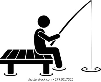 Fisherman represented as a simple stick figure graphic sits on a wooden dock while holding a fishing rod in this minimal vector design.
