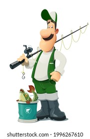 Fisherman with rod. Cartoon character, Isolated on white background. Eps10 vector illustration.