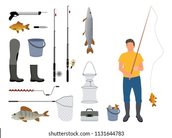 Fisherman with rod and catch vector illustration, collection of different implements for professional fishing, bucket for haul, knife with harpoon