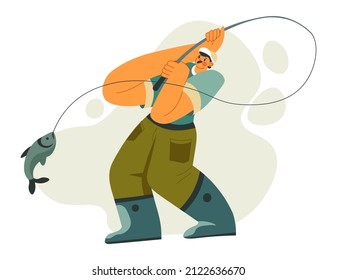 Pescador con vara capturando peces del agua del río, el mar o el océano. Hobby de un personaje masculino con ropa especial para cazar. Actividades deportivas y de ocio en verano o fines de semana. Vector de estilo plano