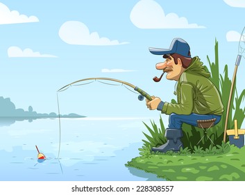 Fisherman with rod fishing on river. Eps10 vector illustration.