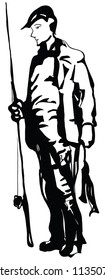 Fisherman with rod and his catch. Vector illustration.