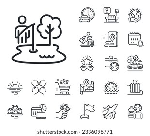 Fisherman with rod sign. Plane jet, travel map and baggage claim outline icons. Fishing place line icon. Lake with tree symbol. Fishing place line sign. Car rental, taxi transport icon. Vector