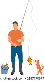 Fisherman with rod spending time outdoor with pet. Fisher standing with fishing rod and full bucket. Cat playing with catch. Man fishing, catching fish with kitten. Caring for animals, pets concept