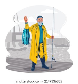 fisherman with rod spinning and fish vector illustration isolated on white background