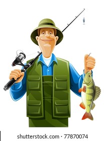 Fisherman With Rod Spinning And Fish Vector Illustration Isolated On White Background