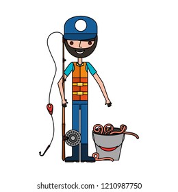 fisherman with rod and worms in bucket
