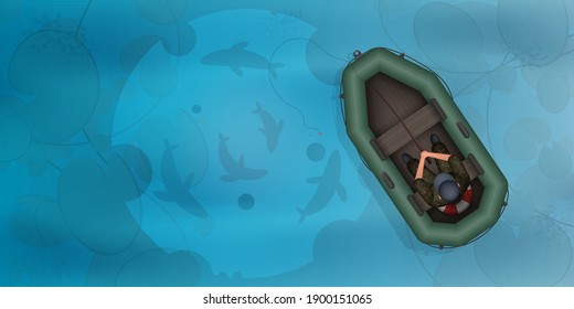 Fisherman in a rubber boat. Fish in the water top view. Ocean, river or lake with clear blue water. Vector 