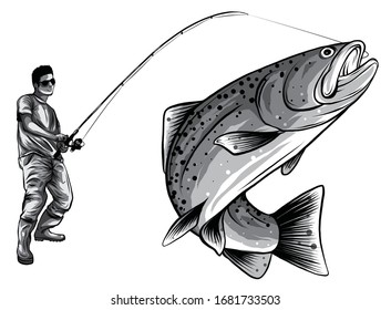 Fisherman in rubber boots with a caught fish and a fishing rod isolated on white background vector