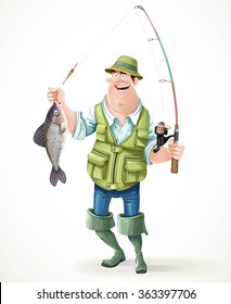 Fisherman in rubber boots with a caught fish and a fishing rod isolated on white background
