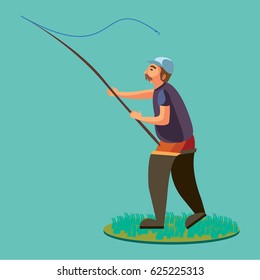 Fisherman in rubber boots throws a fishing rod with a line and crocheted into the water for fly-fishing, character man catches fish standing off shore with spin vacation concept vector illustration