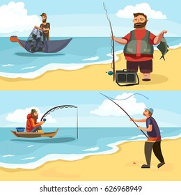 Fisherman in rubber boots throws a fishing rod with a line and crocheted into the water for fly-fishing, character man catches fish standing off shore with spin vacation concept vector illustration