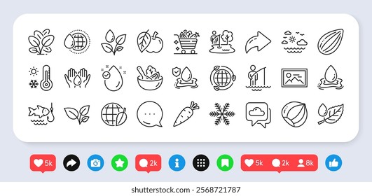 Fisherman, Salad and Water splash line icons pack. Social media: share, comment, like icons. Hazelnut, Apple, Travel sea web icon. Vitamin e, Photo, Leaf dew pictogram. Vector