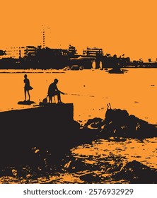 
Fisherman sat on jetty by sea silhouette