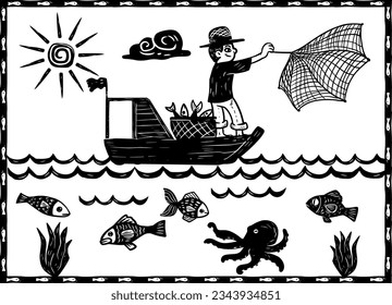 Fisherman in the sea with fish, octopuses and vegetation. woodcut style