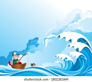 Fisherman at sea in his boat about to be swamped by a large wave set against a blue cloudy sky