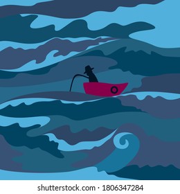 Fisherman at sea in his boat. Vector illustration