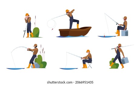 Fisherman. Sea or ocean active hobbie fishers in barca with equipment spinning hook garish vector cartoon characters