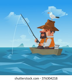 A fisherman and seagull on his hat, Vector illustration.