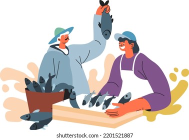 Fisherman selling fresh fish, farming and business on the local market. Isolated male character holding seafood product in hand, customer and seller at store. Vector in flat style illustration