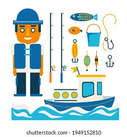 Fisherman set with boat fishing, equipment, Bucktail, Bobber, boat, and Fishing rod cartoon character, isolated flat vector illustration