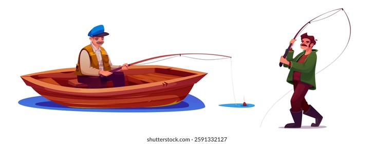 Fisherman set - cartoon male characters with fishing gear. Elderly angler sitting in wooden boat and holding pole with floater in water, mustached sportsman throwing spinning. Outdoor vacation design.